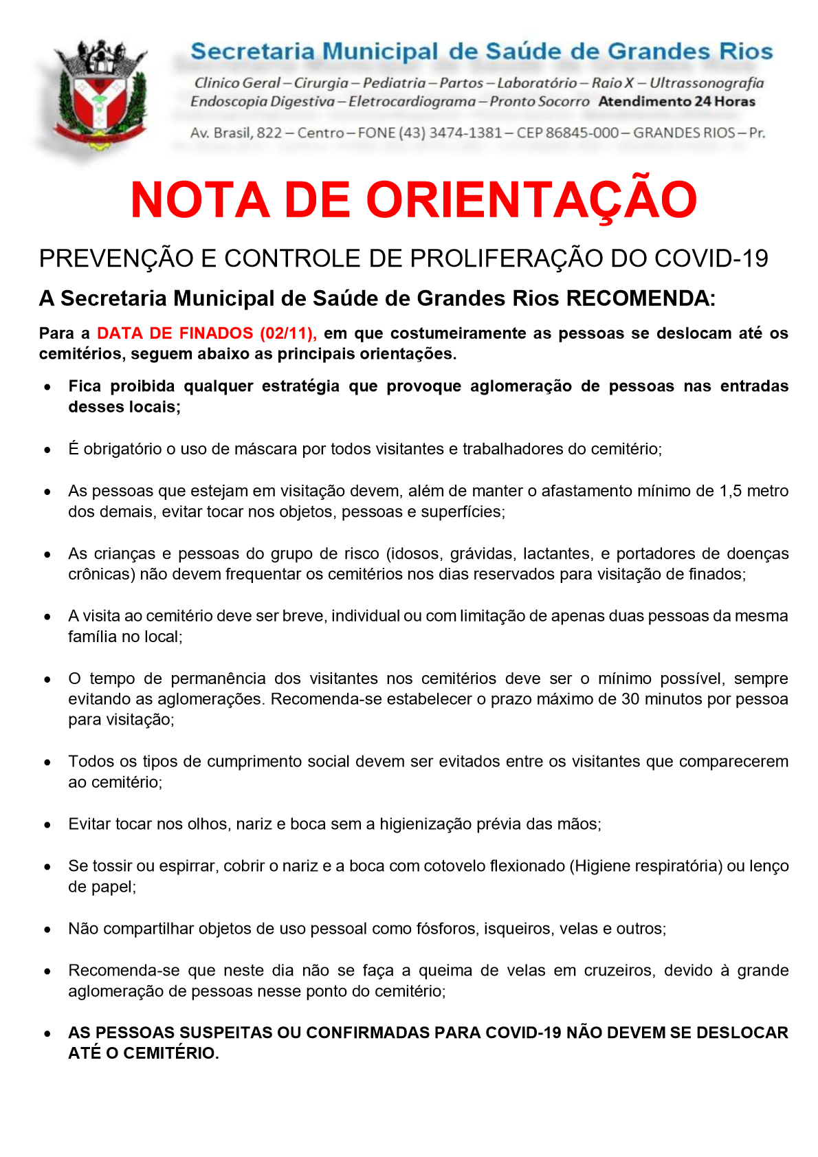 Nota Orientativa para o feriado de finados (02/11)