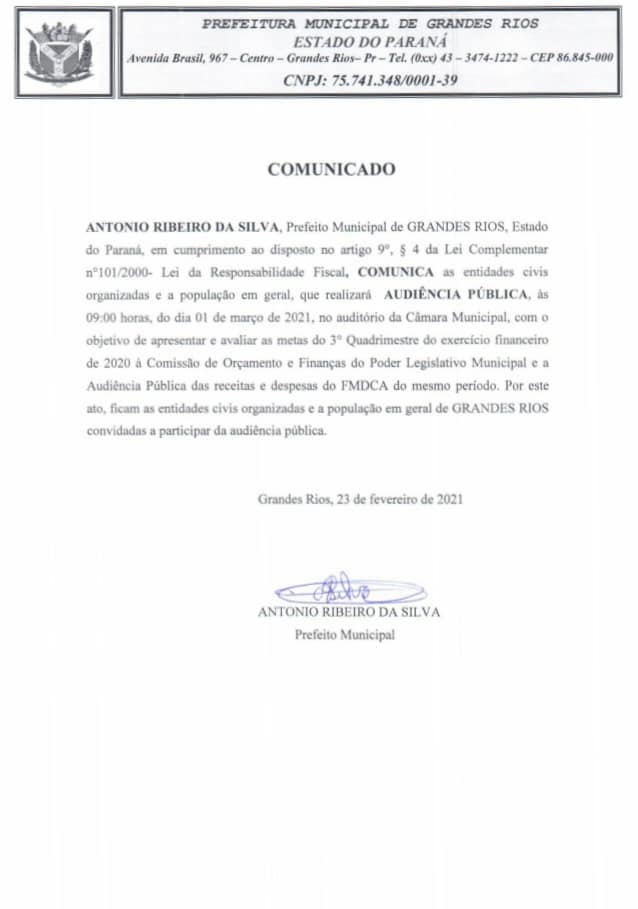 COMUNICADO: AUDIÊNCIA PÚBLICA