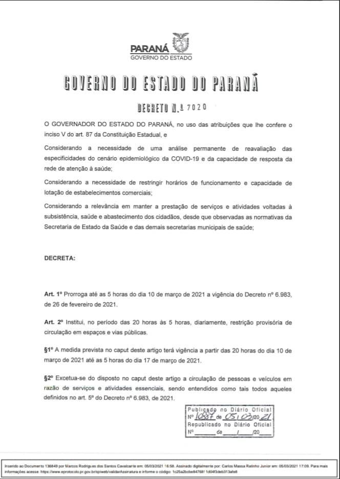 Governo do Paraná prorroga medidas restritivas para tentar conter o avanço da pandemia do coronavírus no estado