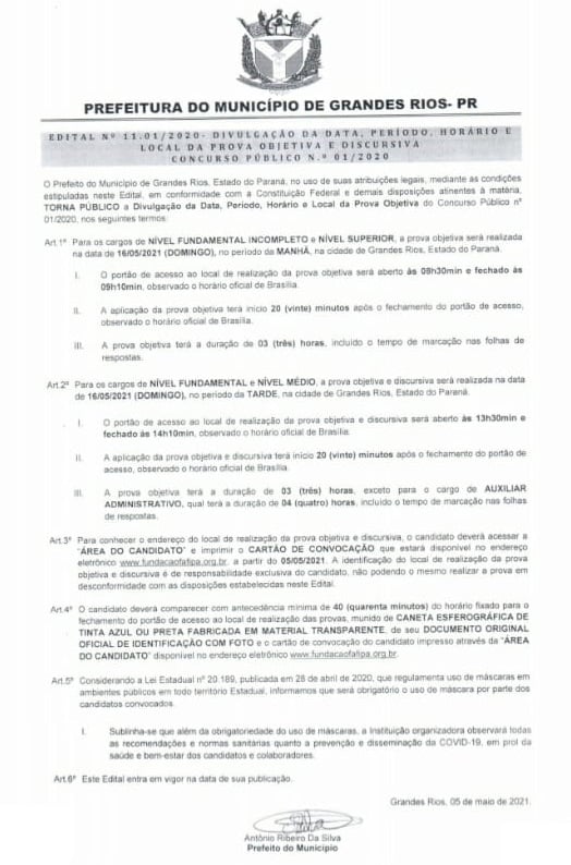 EDITAL Nº 11.01/2020- DIVULGAÇÃO DA DATA, PERÍODO, HORÁRIO E LOCAL DA PROVA OBJETIVA E DISCURSIVA | CONCURSO PÚBLICO N.º 01/2020