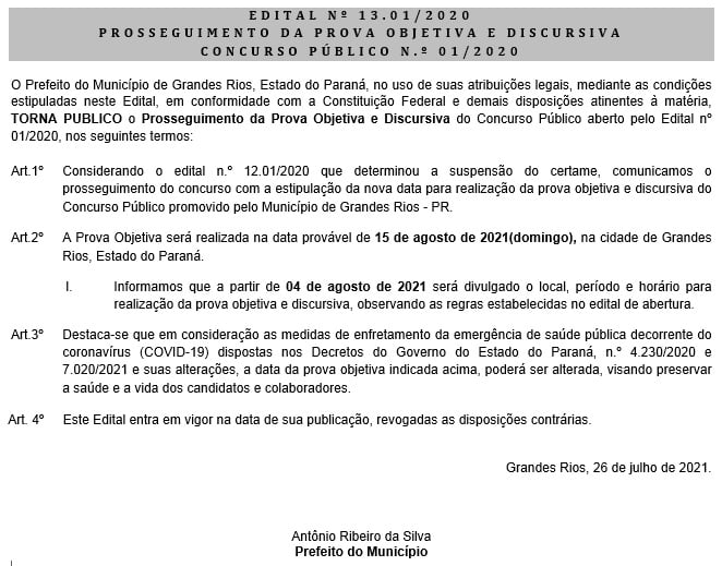 EDITAL Nº 13.01/2020 - PROSSEGUIMENTO DA PROVA OBJETIVA E DISCURSIVA - CONCURSO PÚBLICO N.º 01/2020
