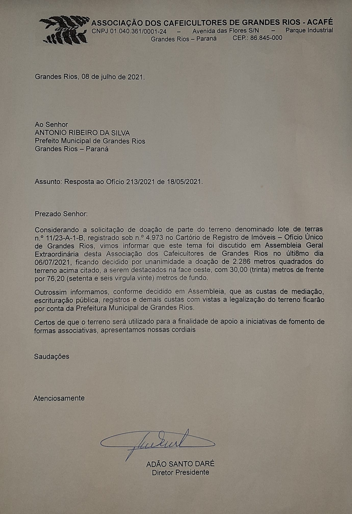 Associação dos Cafeicultores de Grandes Rios (ACAFÉ) anuncia doação de terreno para o município de Grandes Rios