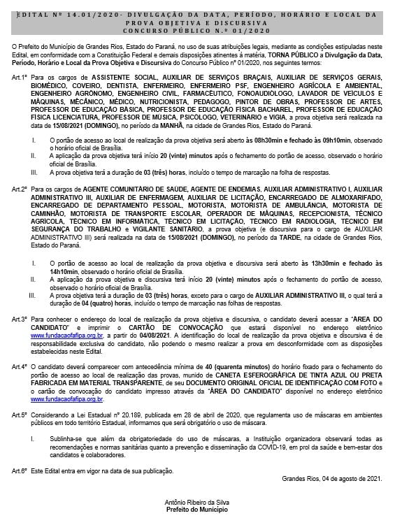 EDITAL Nº 14.01/2020- DIVULGAÇÃO DA DATA, PERÍODO, HORÁRIO E LOCAL DA PROVA OBJETIVA E DISCURSIVA - CONCURSO PÚBLICO N.º 01/2020