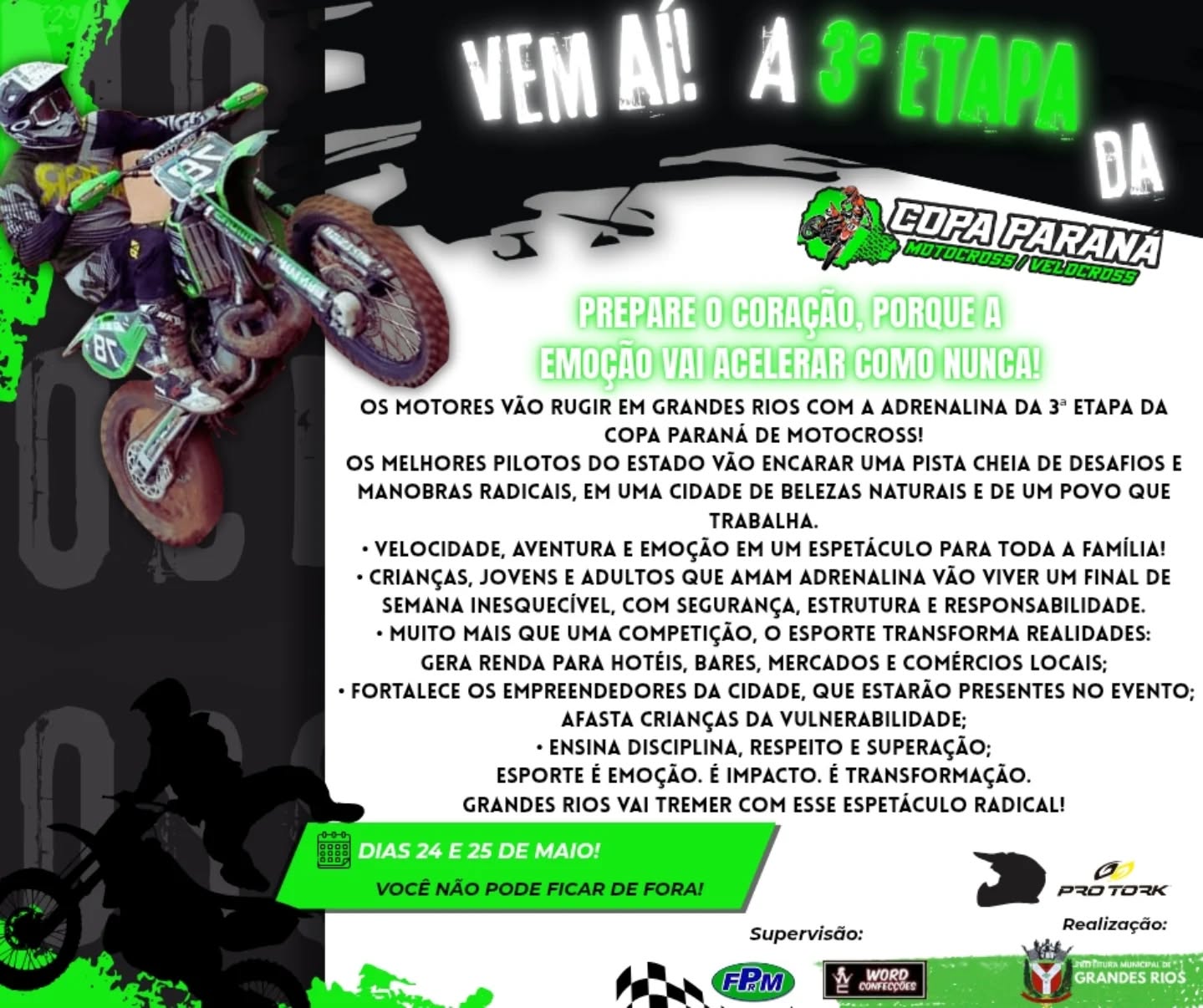A Prefeitura Municipal de Grandes Rios tem o prazer de anunciar: A chegada da 3ª etapa da Copa Paraná de Motocross e Velocross!