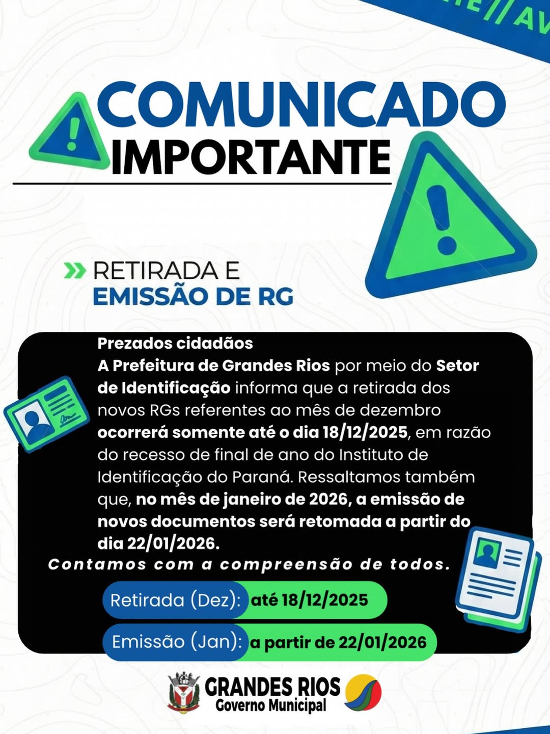 Comunicado Importante – Retirada e Emissão de RG
